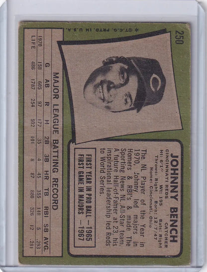 1971 Topps Baseball #250 Johnny Bench card featuring Cincinnati Reds legend