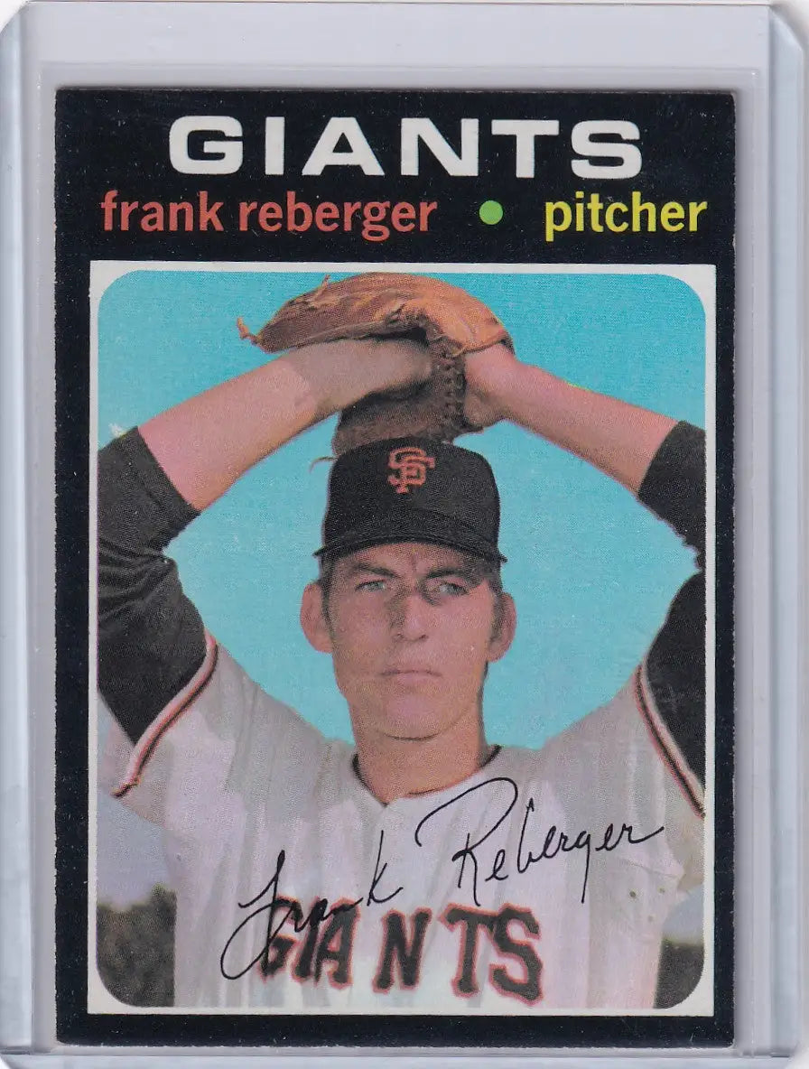 1971 Topps Baseball card of Frank Reberger, San Francisco Giants pitcher in windup pose