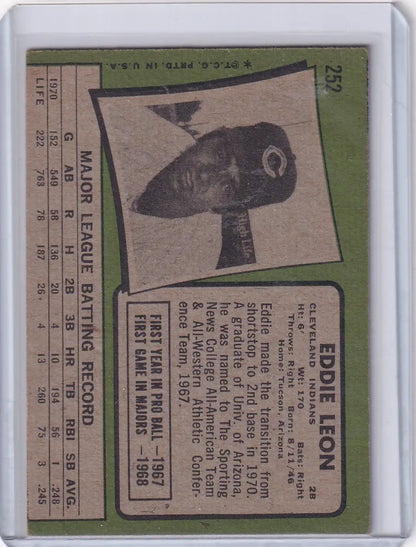 Vintage 1971 Topps Baseball card featuring Eddie Leon from the Cleveland Indians
