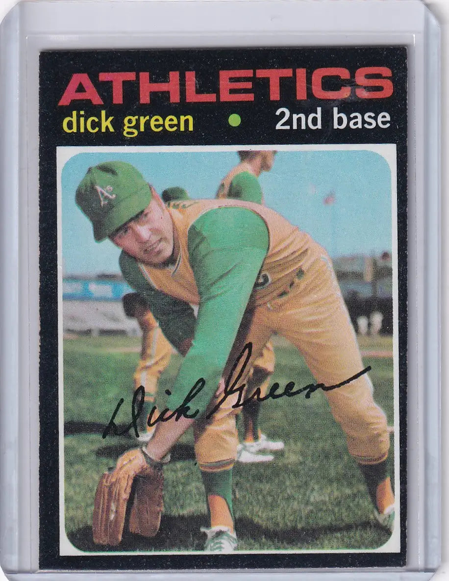 1971 Topps baseball card of Dick Green in green and gold Oakland Athletics uniform