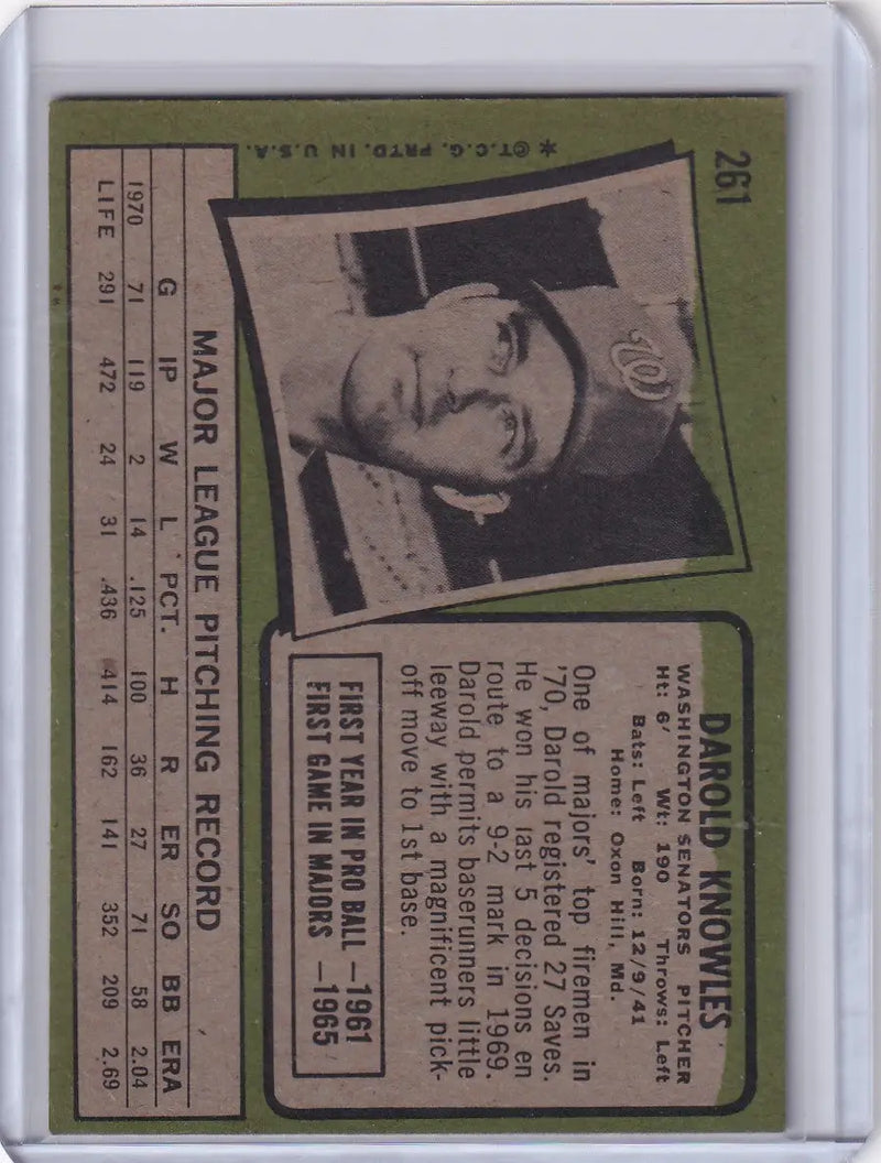 Baseball card of Darold Knowles, 1971 Topps Baseball, Washington Senators with statistics