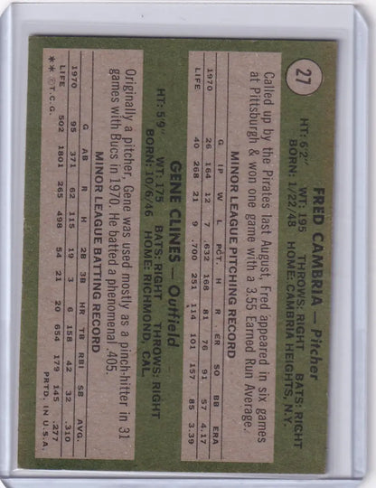 Vintage 1971 Topps Baseball card of Pirates Rookies Fred Cambria and Gene Clines
