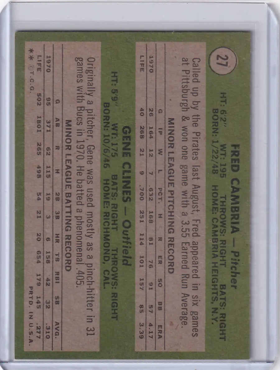 1971 Topps Baseball #27 Pirates Rookies - Fred Cambria / Gene Clines RC