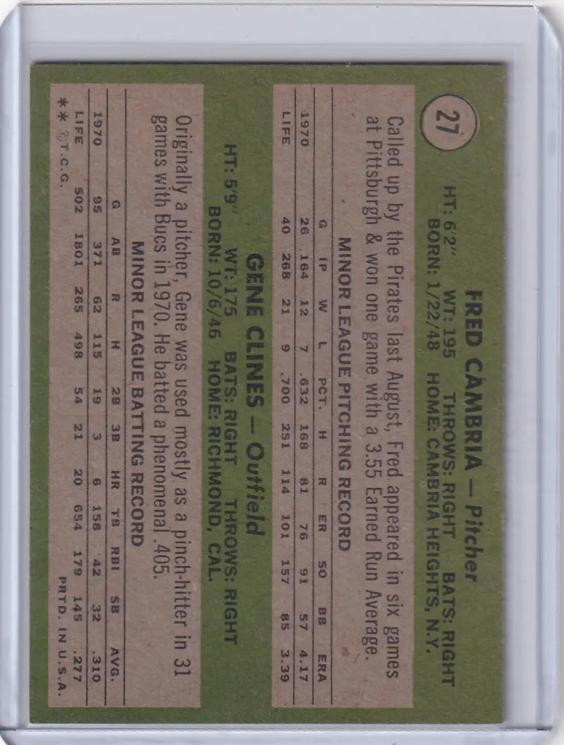 1971 Topps Baseball #27 Pirates Rookies - Fred Cambria / Gene Clines RC