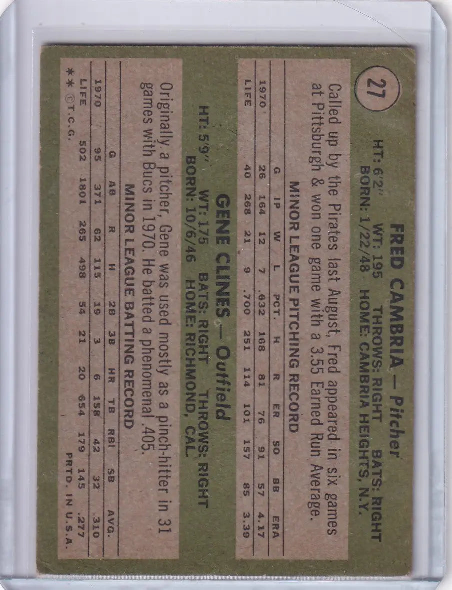 1971 Topps Baseball #27 Pirates Rookies - Fred Cambria / Gene Clines RC
