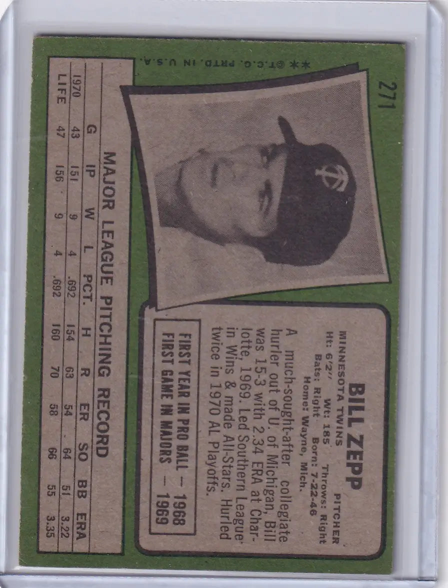 1971 Topps Baseball #271 Bill Zepp - Minnesota Twins