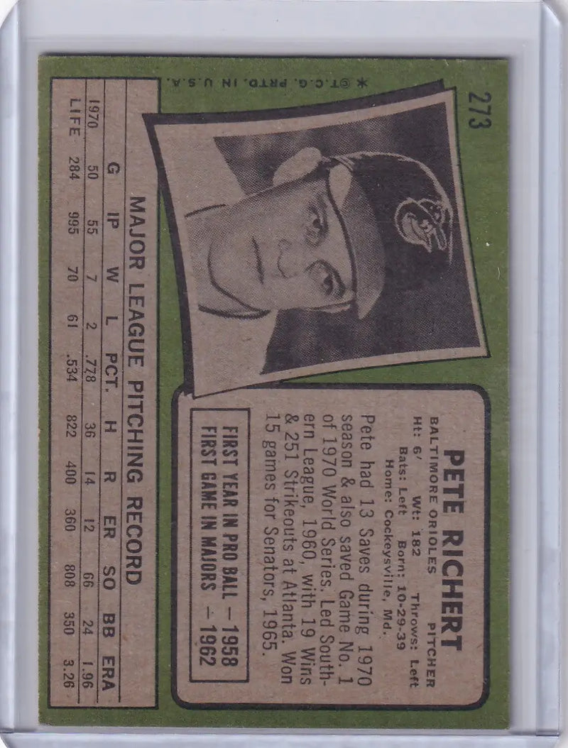 1971 Topps Baseball #273 Pete Richert - Baltimore Orioles