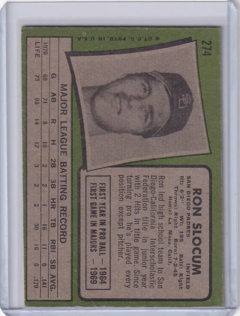 1971 Topps Baseball #274 Ron Slocum - San Diego Padres