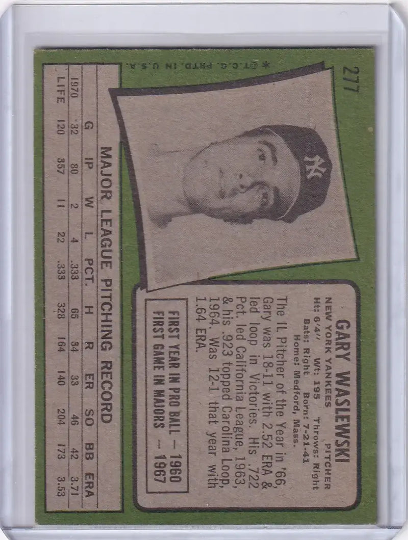 1971 Topps Baseball #277 Gary Waslewski - New York Yankees