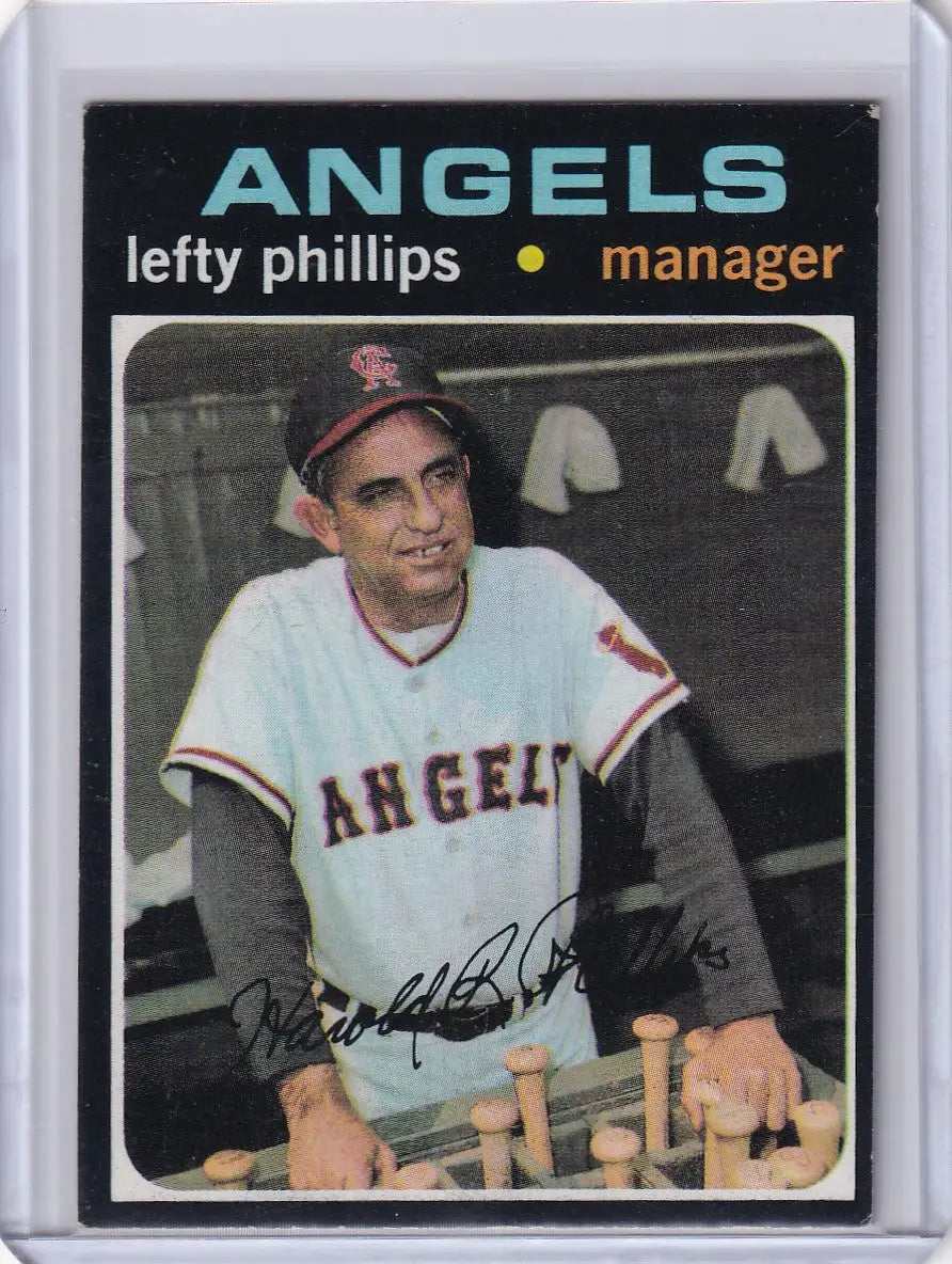 Baseball card of Lefty Phillips, smiling California Angels manager from Topps Baseball 1971