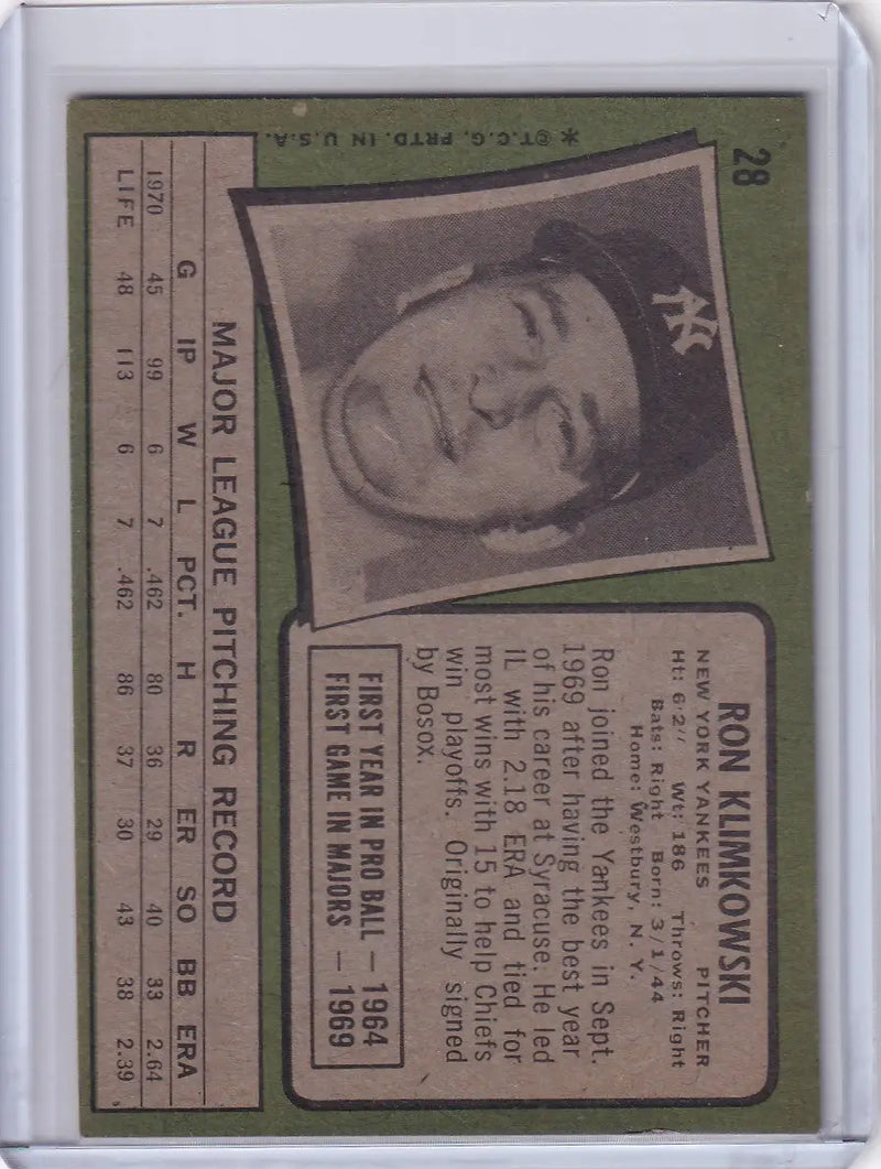 1971 Topps Baseball #28 Ron Klimkowski - New York Yankees