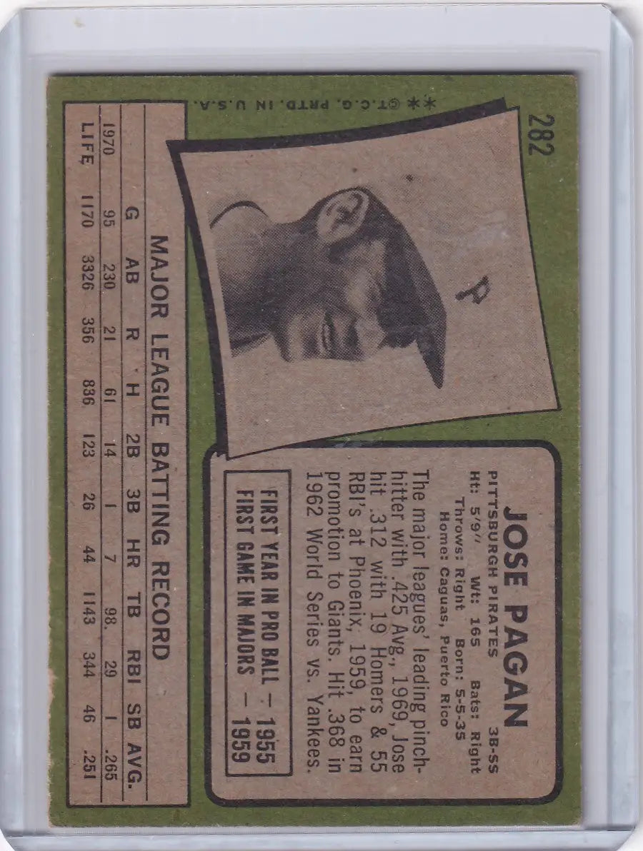 1971 Topps Baseball #282 Jose Pagan - Pittsburgh Pirates