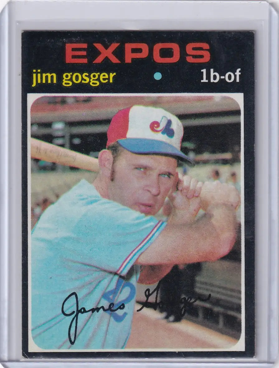 1971 Topps Baseball card of Jim Gosger in batting pose for Montreal Expos