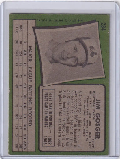Baseball card of Jim Gosger from 1971 Topps Baseball, featuring Montreal Expos portrait