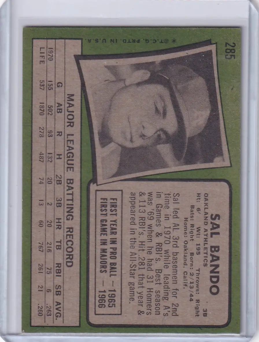 1971 Topps Baseball #285 Sal Bando - Oakland Athletics