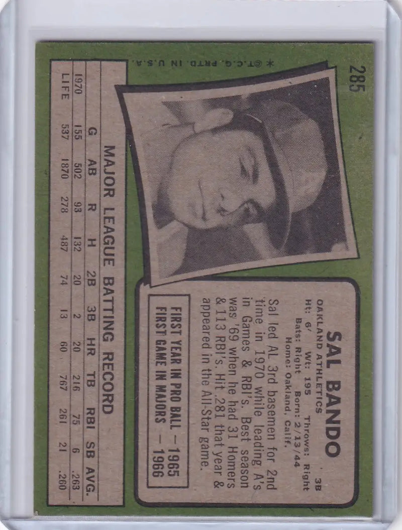 1971 Topps Baseball #285 Sal Bando - Oakland Athletics