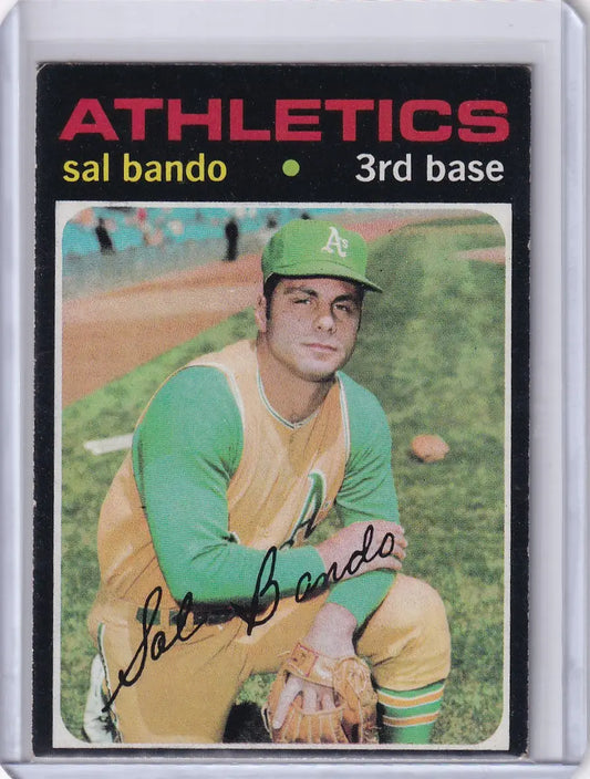 Topps Baseball card of Sal Bando in Oakland Athletics green and yellow uniform