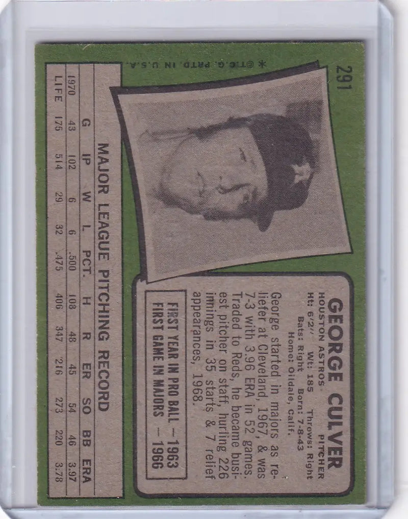 Vintage 1971 Topps Baseball card back of George Culver, Houston Astros player