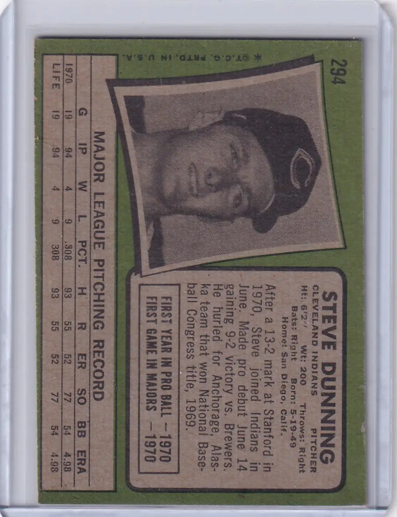 1971 Topps Baseball #294 Steve Dunning - Cleveland Indians RC