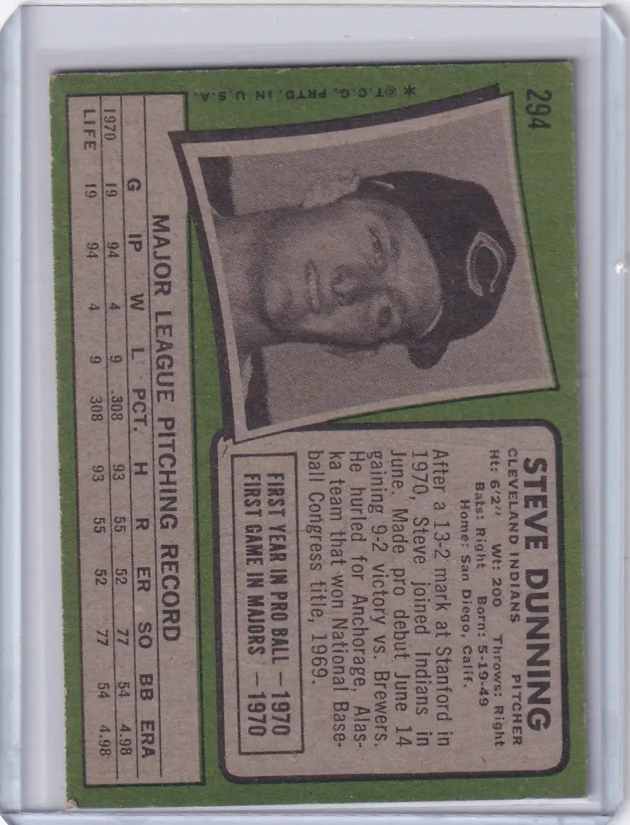 1971 Topps Baseball #294 Steve Dunning - Cleveland Indians RC