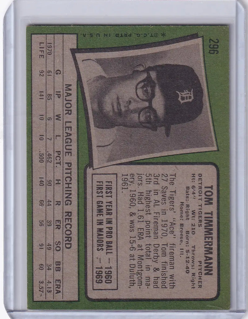 1971 Topps Baseball #296 Tom Timmermann - Detroit Tigers