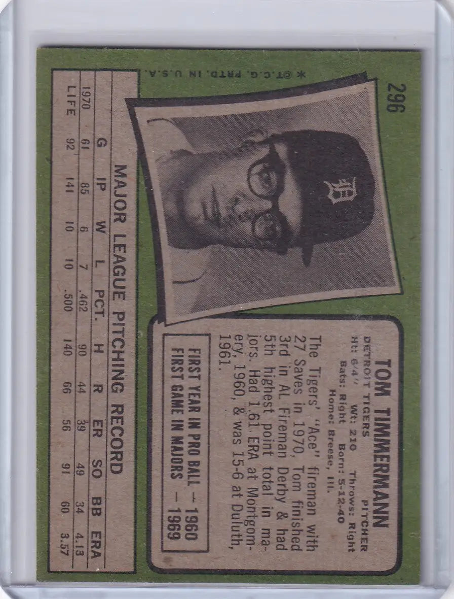 1971 Topps Baseball #296 Tom Timmermann - Detroit Tigers
