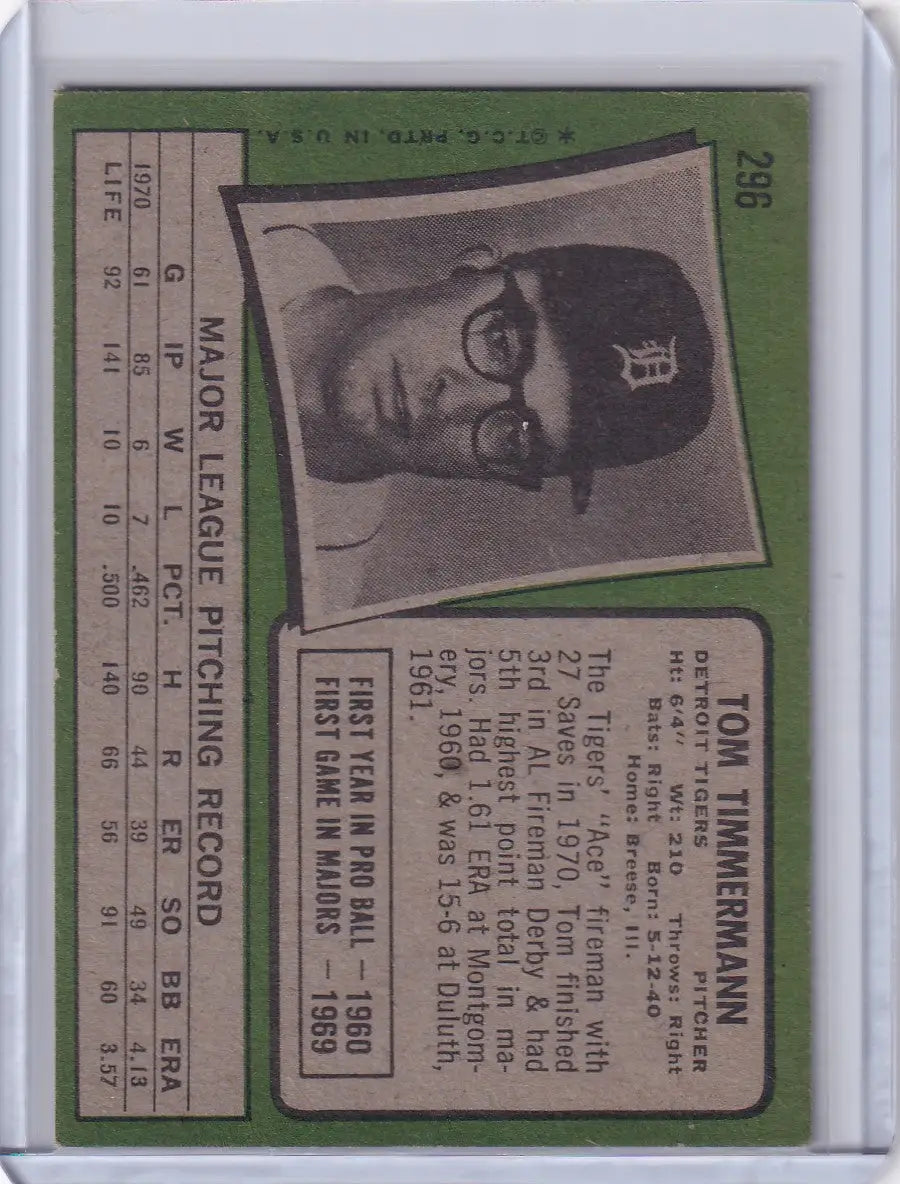 1971 Topps Baseball #296 Tom Timmermann - Detroit Tigers