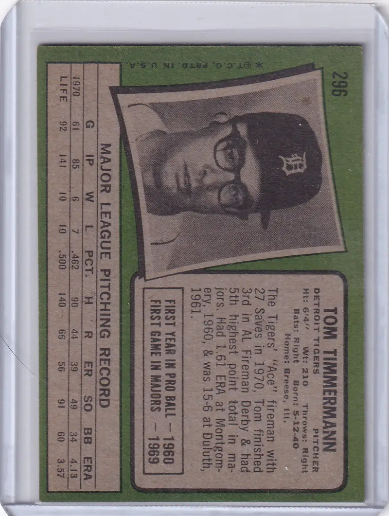 Topps Baseball card of Tom Timmermann, Detroit Tigers player in glasses and cap