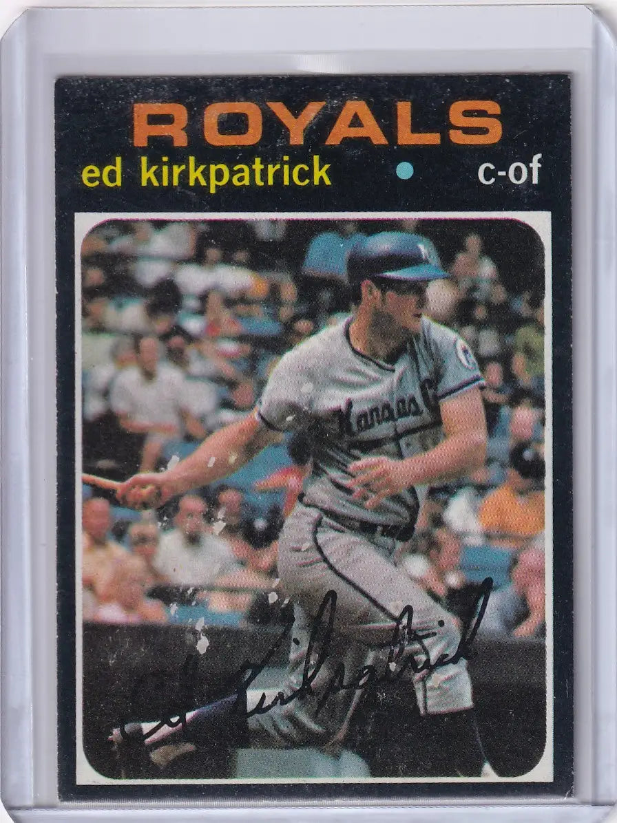 Ed Kirkpatrick mid-swing on 1971 Topps Baseball card for Kansas City Royals