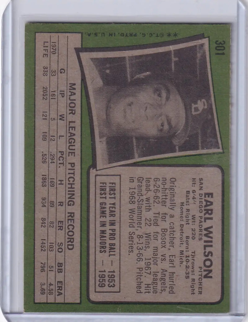 1971 Topps Baseball #301 Earl Wilson - San Diego Padres