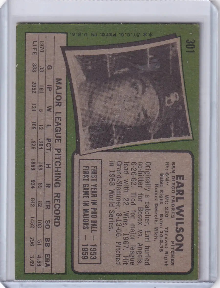 1971 Topps Baseball #301 Earl Wilson - San Diego Padres