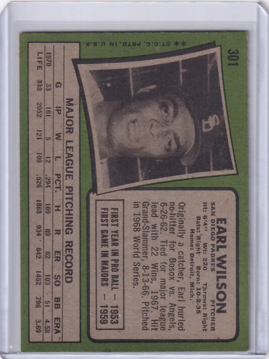 Baseball card of Earl Wilson in dark cap, San Diego Padres, 1971 Topps Baseball