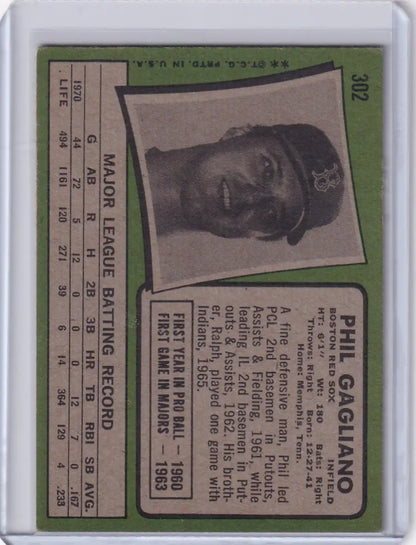 Phil Gagliano 1971 Topps Baseball card with player stats and green border for Boston Red Sox