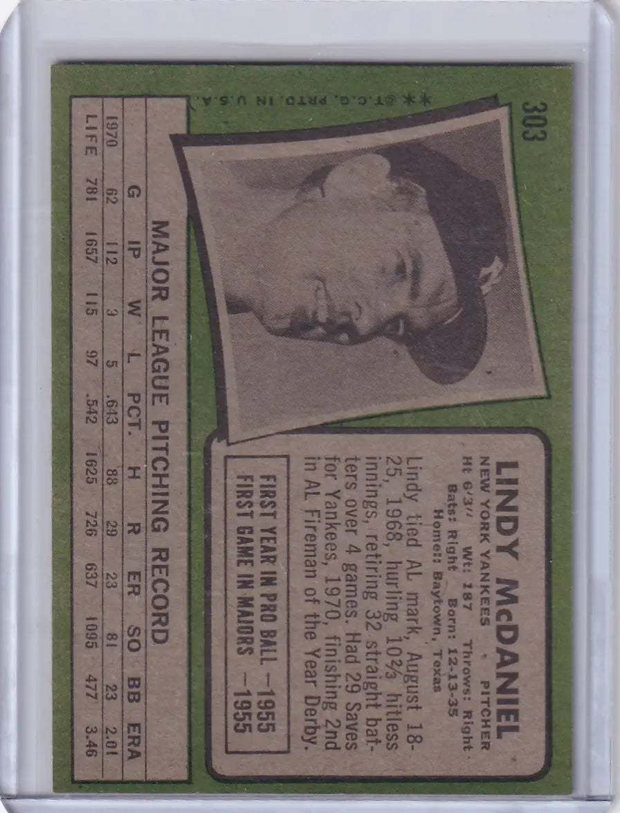 1971 Topps Baseball #303 Lindy McDaniel - New York Yankees