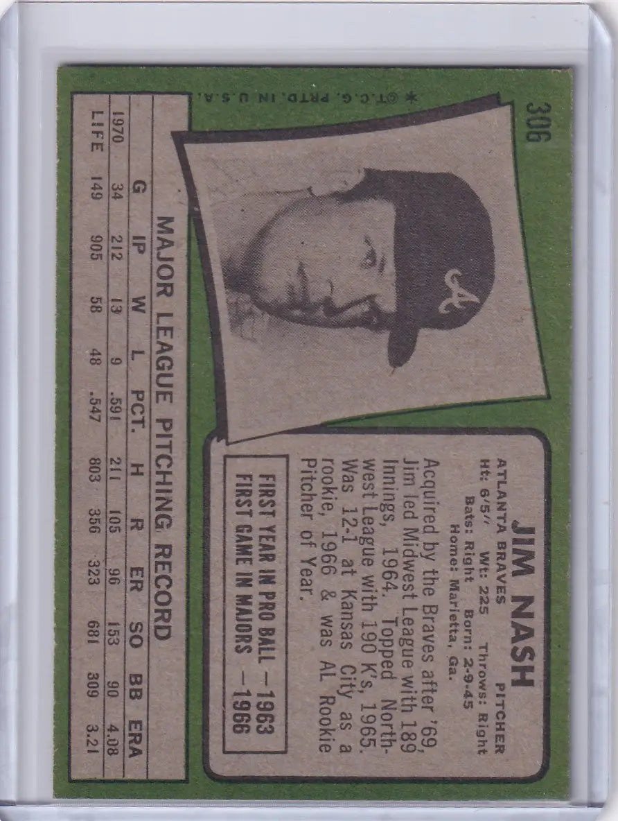 1971 Topps Baseball #306 Jim Nash - Atlanta Braves
