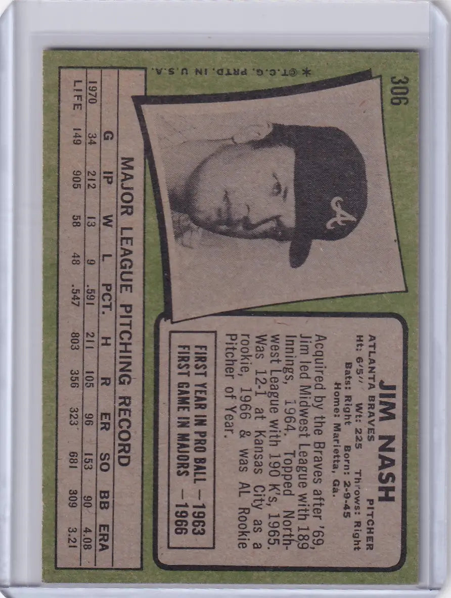 Baseball card of Jim Nash in cap from 1971 Topps Baseball, Atlanta Braves legend