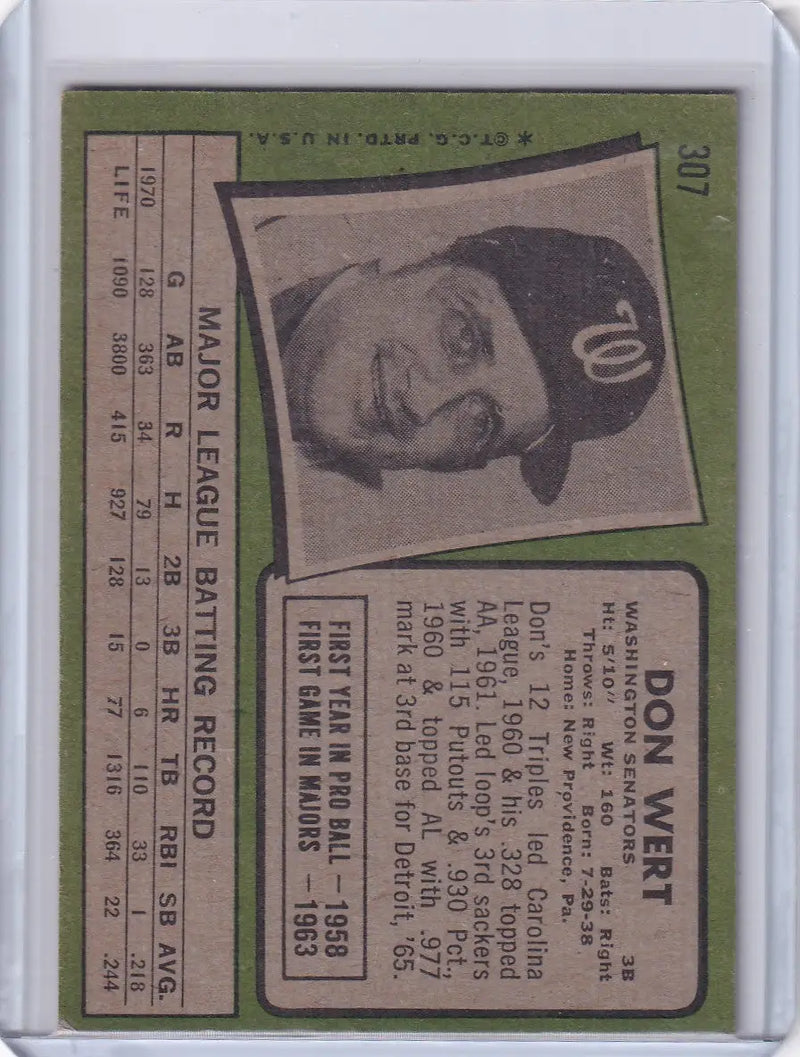 1971 Topps Baseball #307 Don Wert - Washington Senators