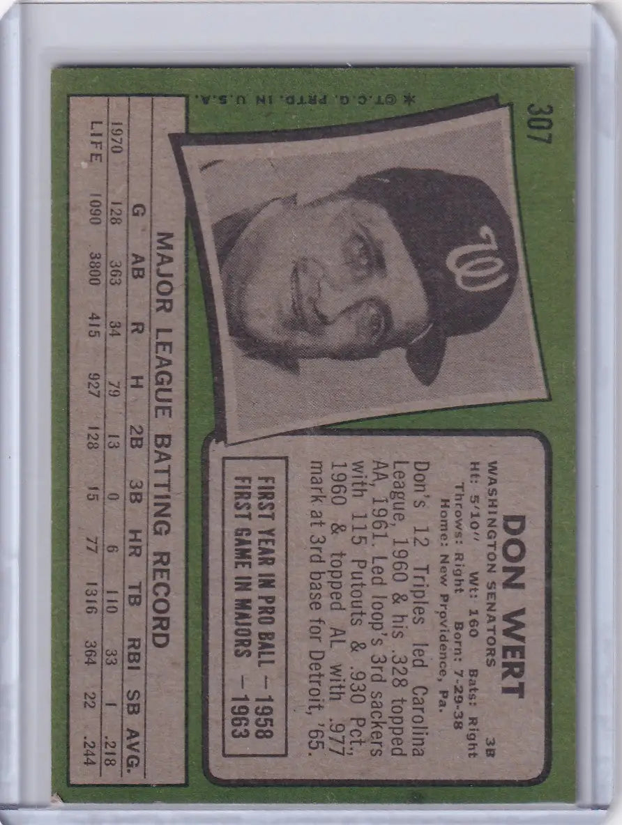 1971 Topps Baseball #307 Don Wert - Washington Senators
