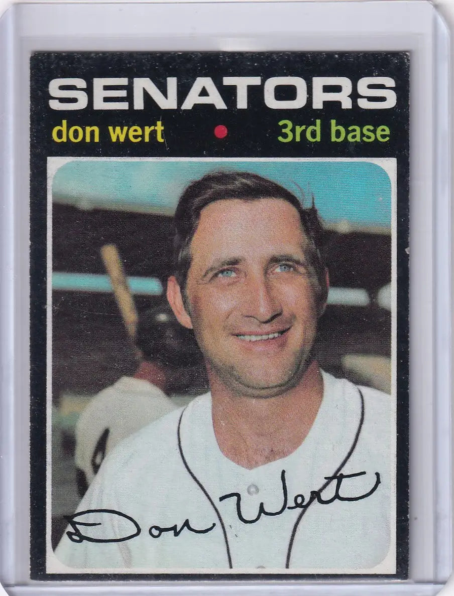 Baseball card of Don Wert, smiling 3rd baseman for the Washington Senators by Topps Baseball