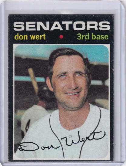 Baseball card of Don Wert, smiling 3rd baseman for the Washington Senators by Topps Baseball