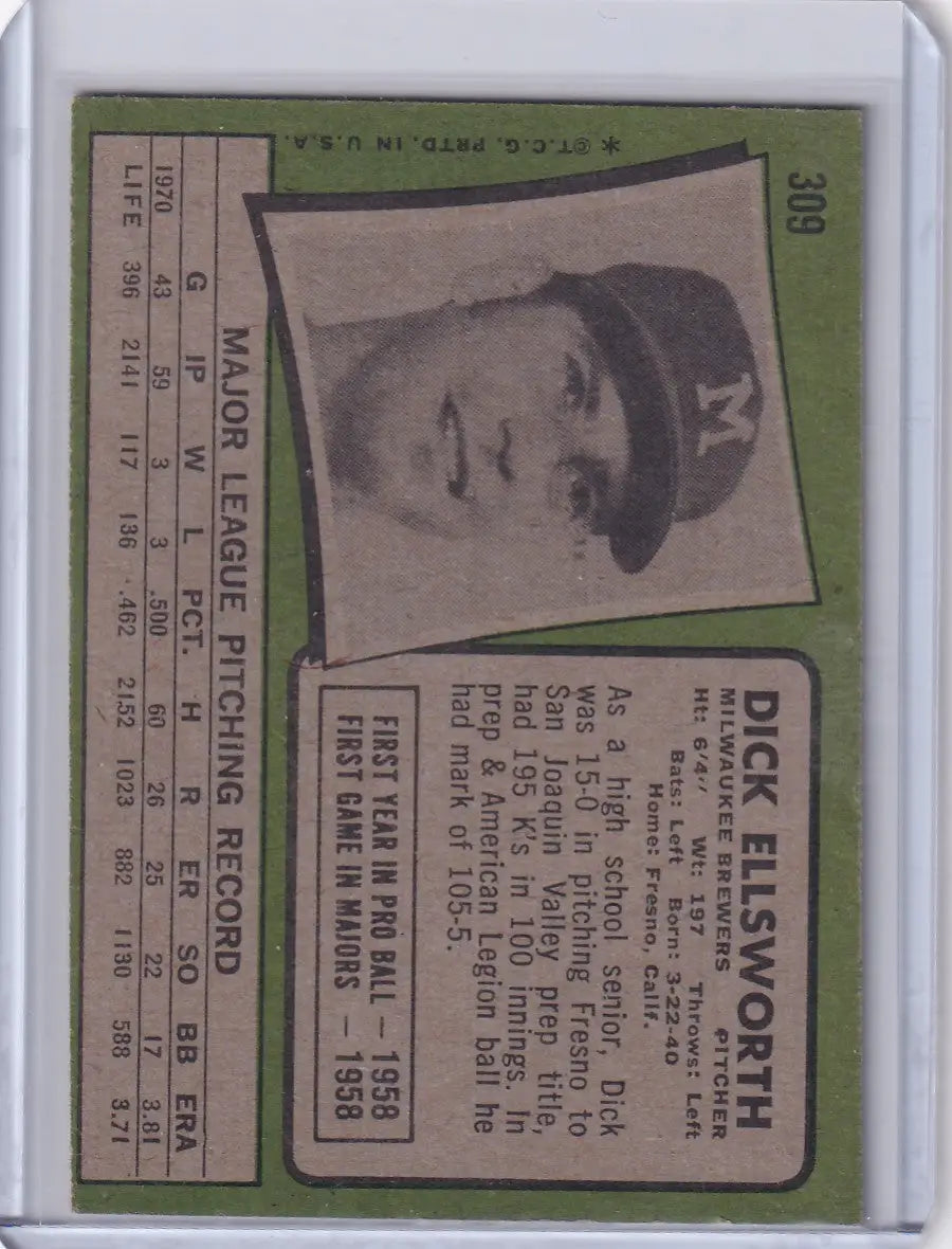 1971 Topps Baseball #309 Dick Ellsworth - Milwaukee Brewers
