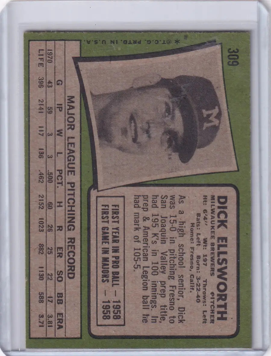 1971 Topps Baseball #309 Dick Ellsworth - Milwaukee Brewers