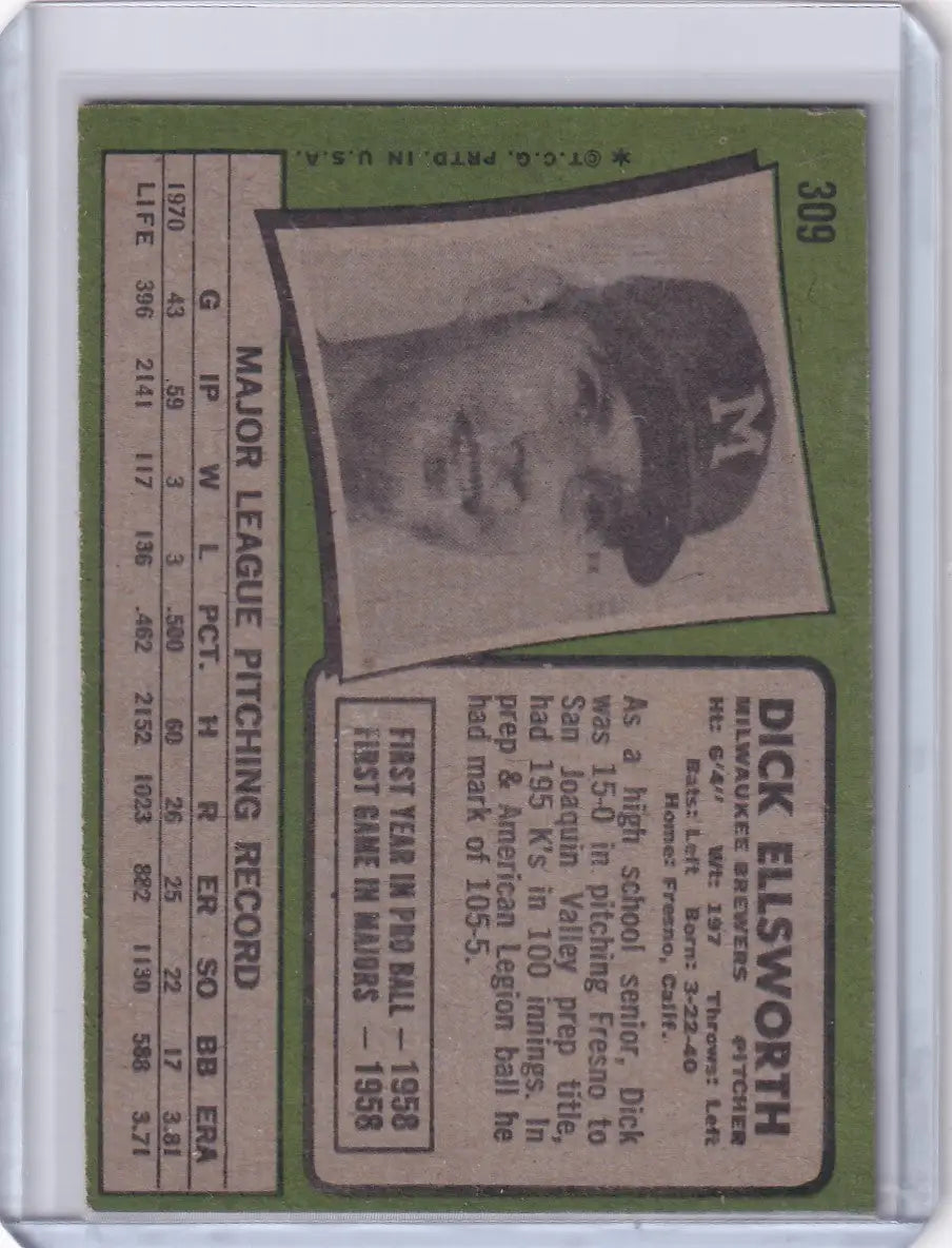 1971 Topps Baseball #309 Dick Ellsworth - Milwaukee Brewers