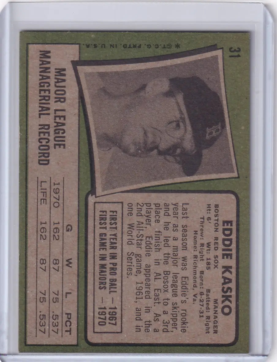 1971 Topps Baseball #31 Eddie Kasko - Boston Red Sox - Baseball Card Single