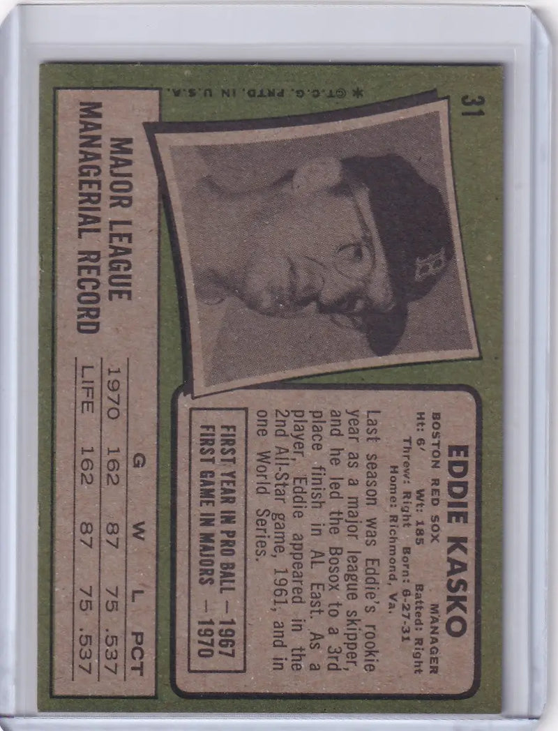 1971 Topps Baseball #31 Eddie Kasko - Boston Red Sox - Baseball Card Single