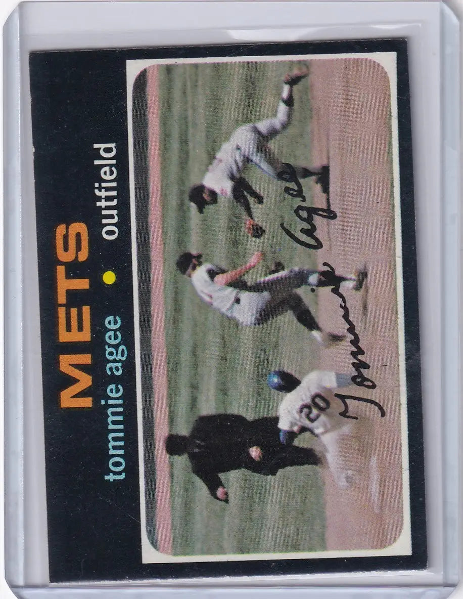 Vintage Topps Baseball card featuring Tommie Agee and umpire on the field for York Mets