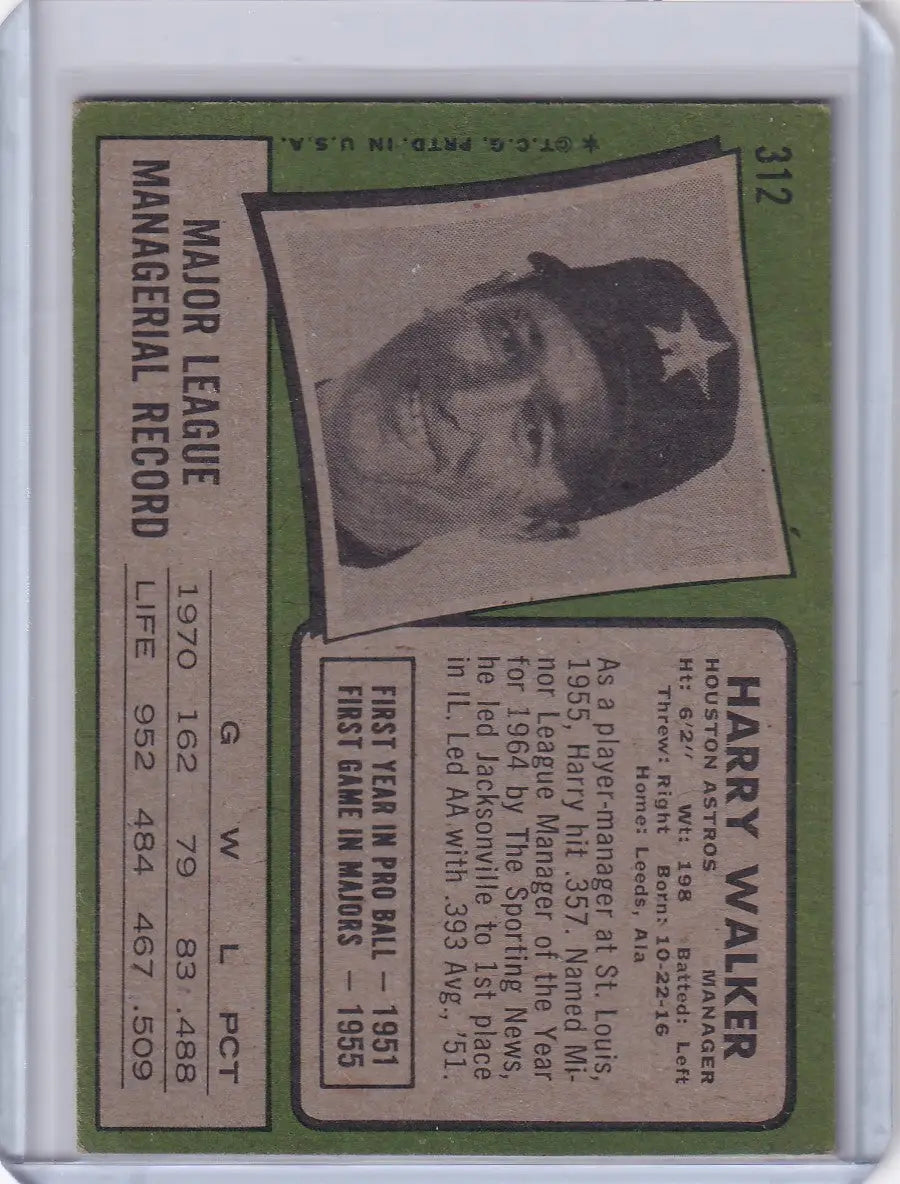 1971 Topps Baseball #312 Harry Walker - Houston Astros