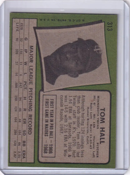 Vintage 1971 Topps Baseball card of Tom Hall from the Minnesota Twins against green background