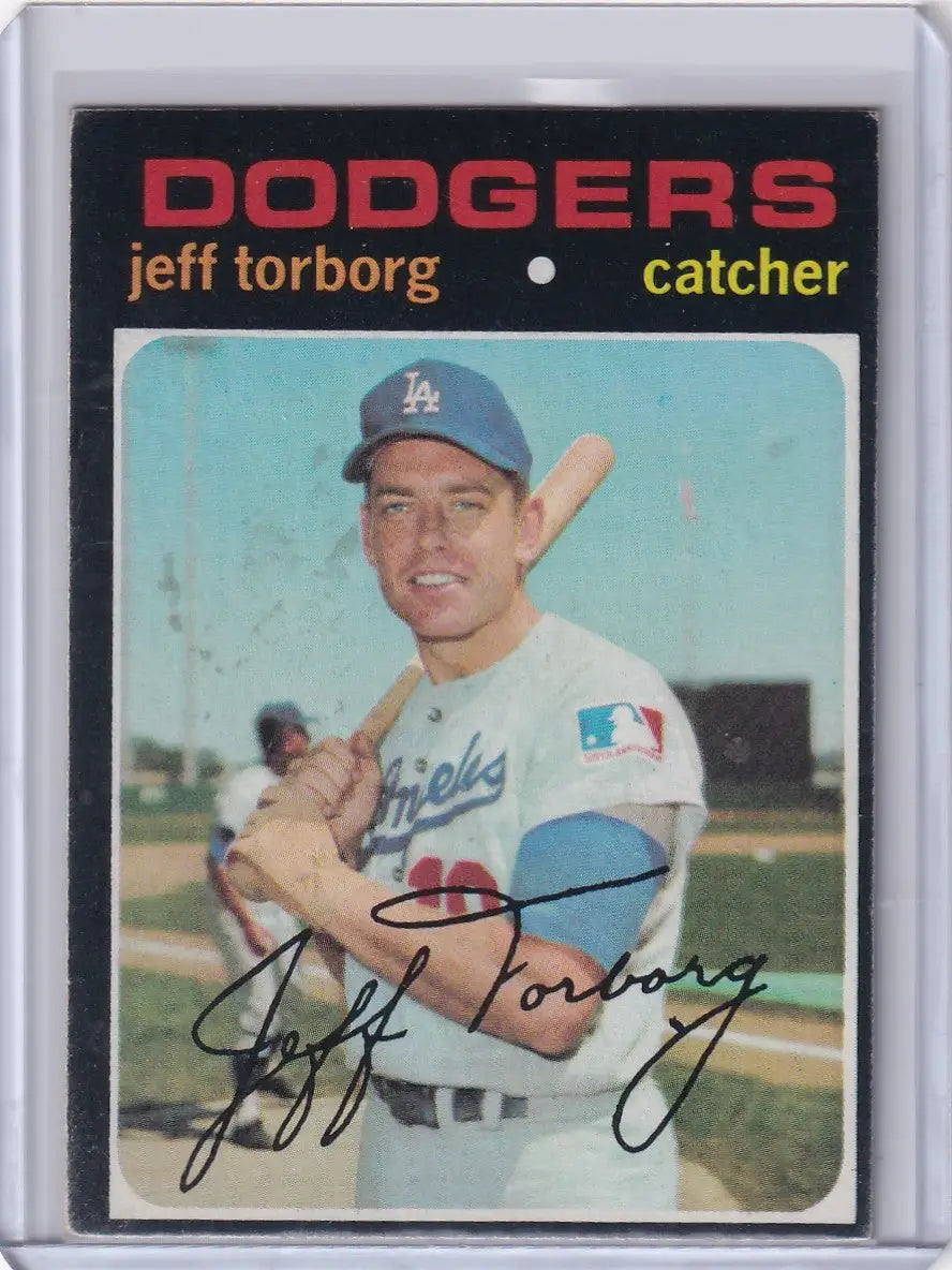 1971 Topps Baseball card of Jeff Torborg, Los Angeles Dodgers catcher with bat