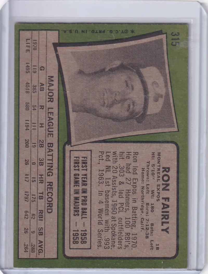 1971 Topps Baseball #315 Ron Fairly - Montreal Expos